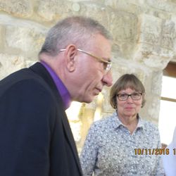 Marion about to greet Bishop Younan.