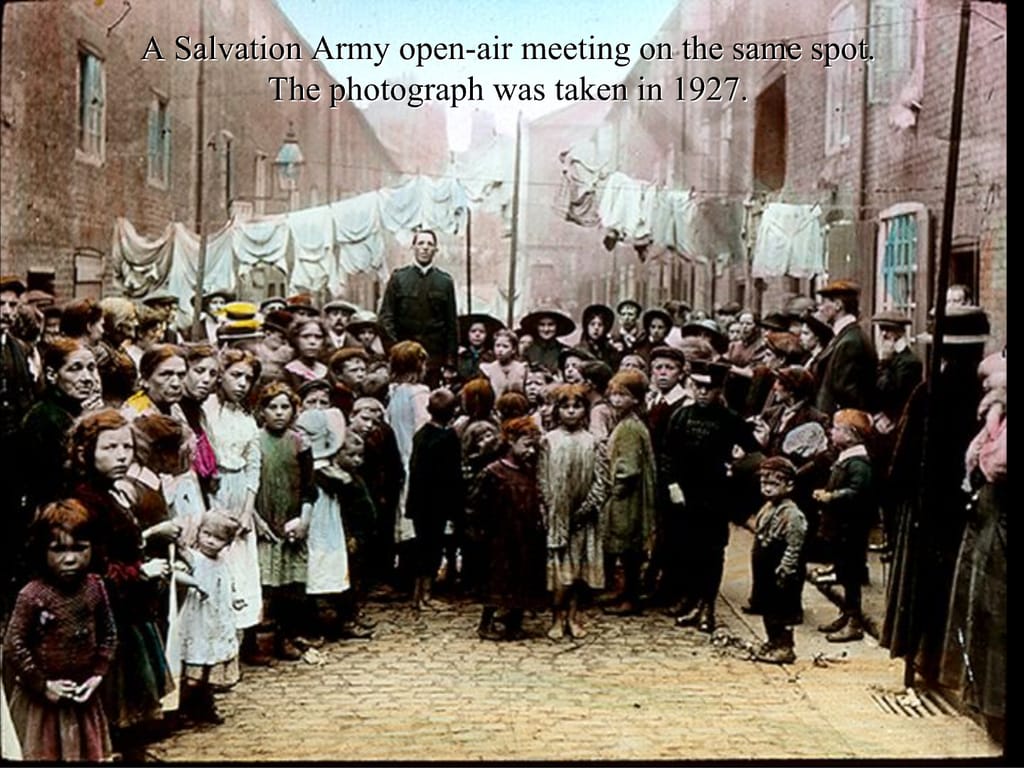 A Salvation Army open-air meeting on the same spot. The photograph was taken in 1927.