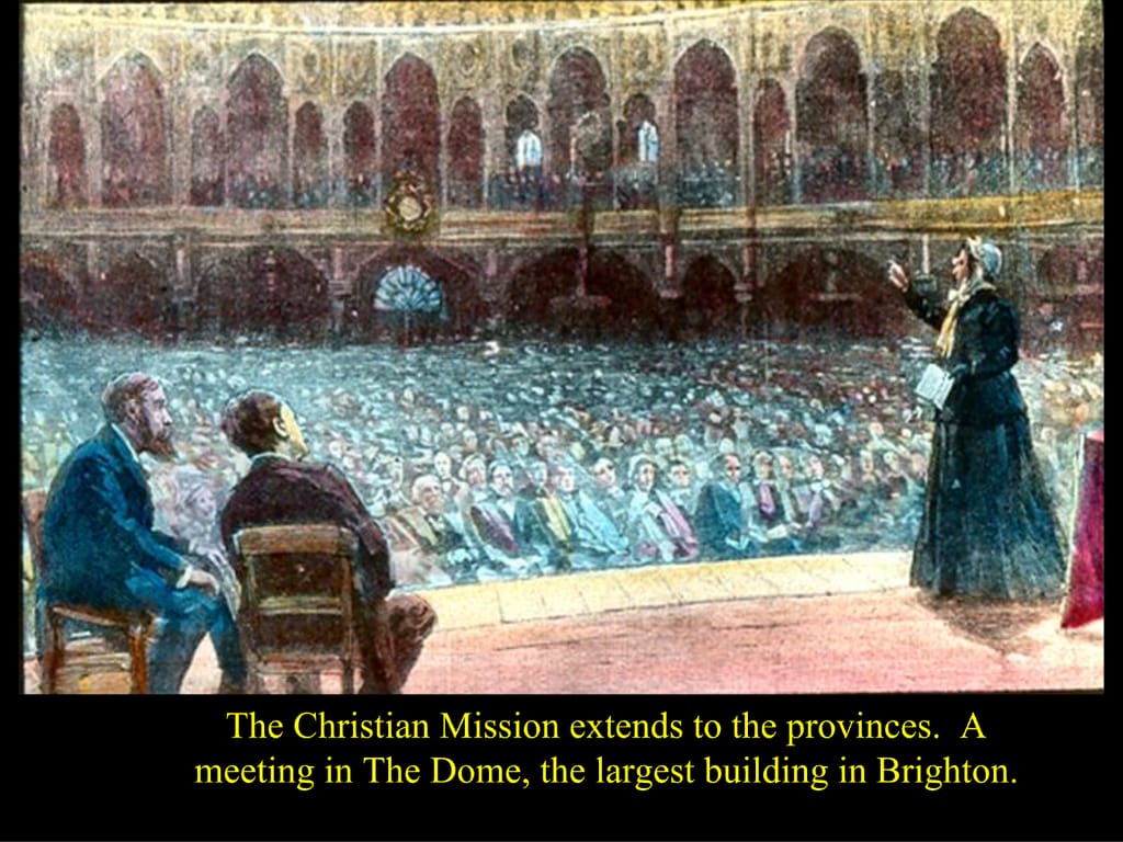 The Christian Mission extends to the provinces. A meeting in The Dome, the largest building in Brighton.