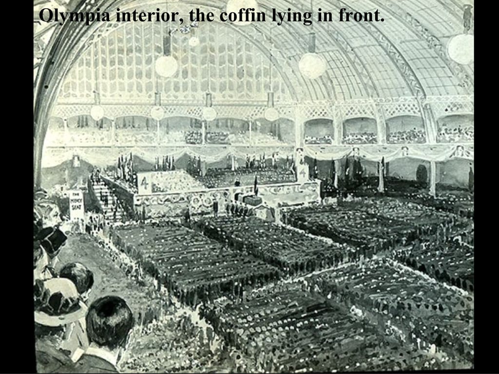 Olympia interior, the coffin lying in front.